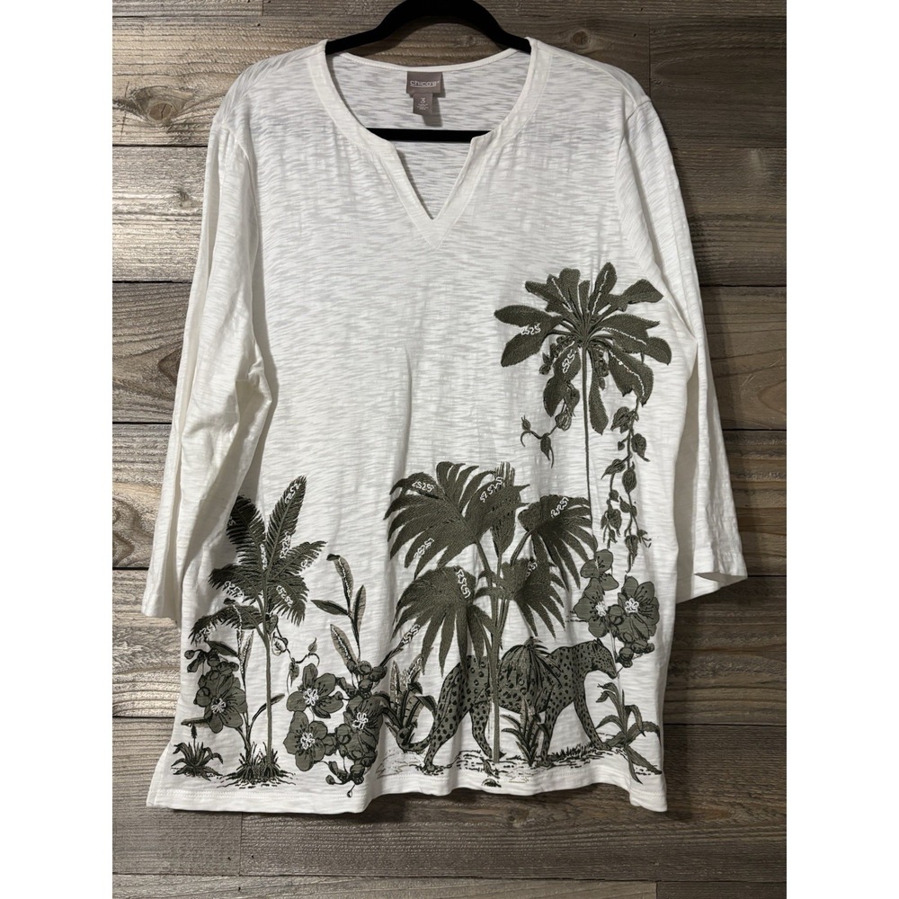 Chico's Shirt 3/4 Sleeve Cotton Top-Jungle Embroidered Size 3